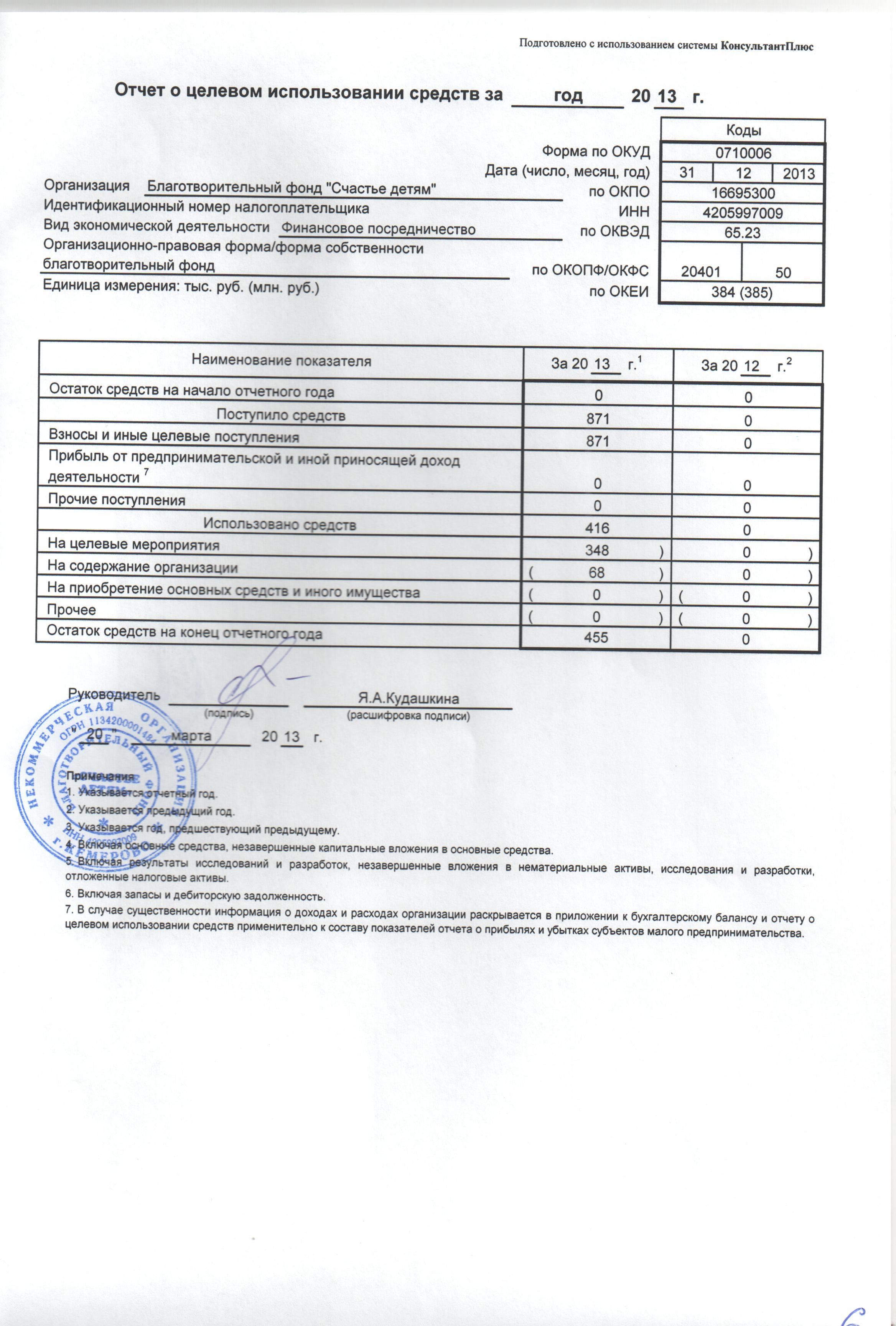 Отчетности отчет о целевом использовании